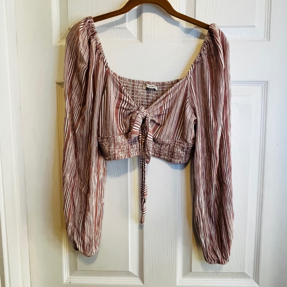 American Eagle Outfitters Striped Smocked Tie Front Crop Top Long Sleeve M